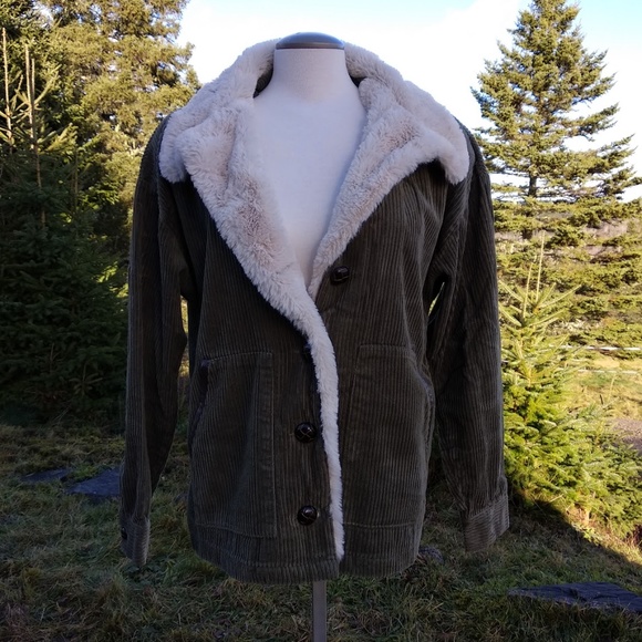 White Crow | Size Small 70's Inspired 100% Cotton Olive Corduroy Sherpa Jacket - Picture 4 of 10